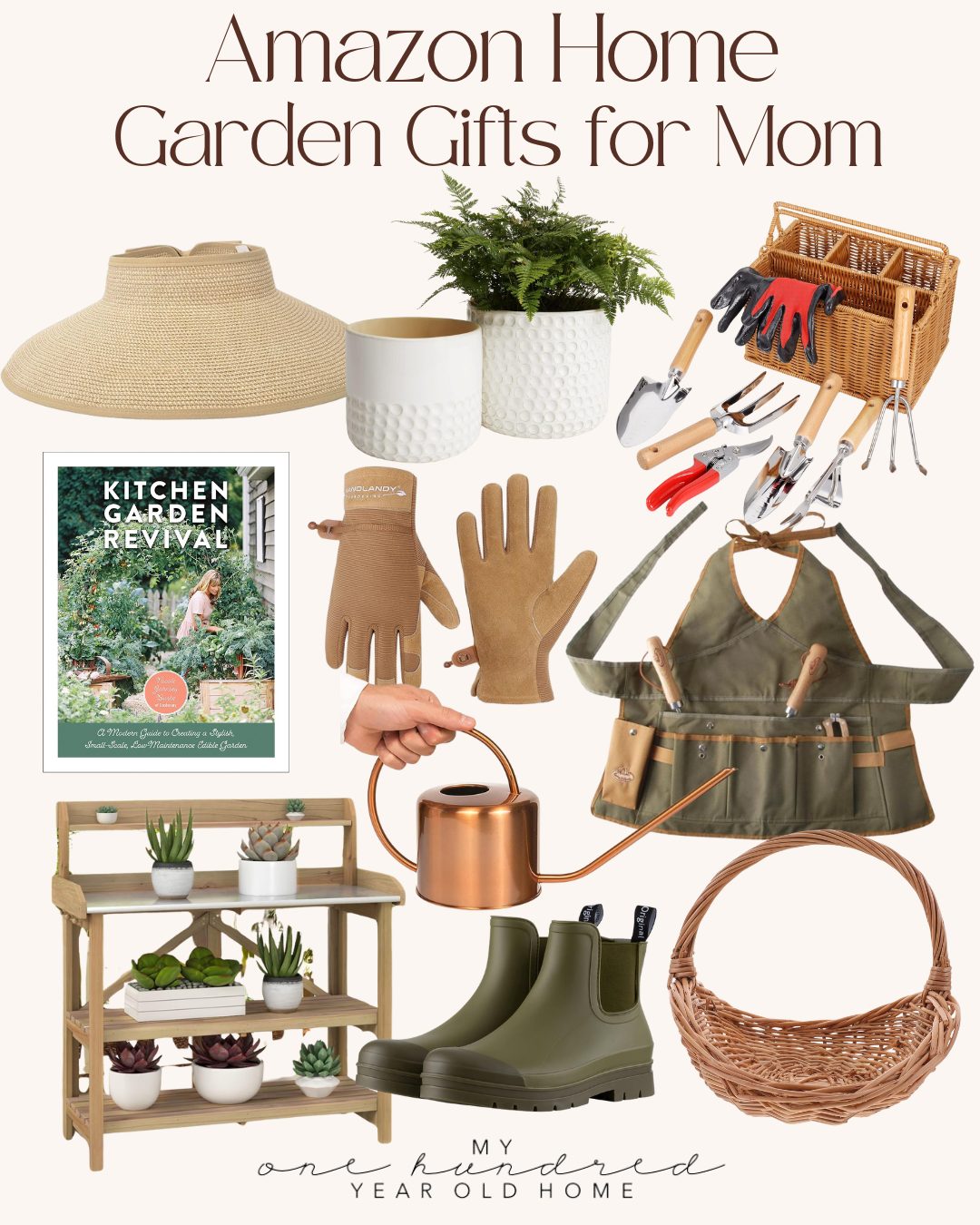 A collage of garden-themed gifts for mom, perfect for her back porch, including tools, gloves, hat, planter, boots, watering can, book, apron, basket, and a wooden plant stand with potted succulents.