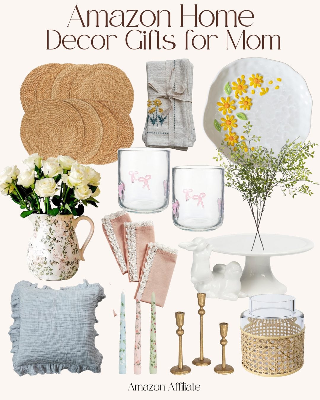 A collage of home decor gift items for Mom, including placemats, towels, a floral plate, glassware, candlesticks, and charming paper craft ideas like handmade candles and a woven basket filled with flowers.