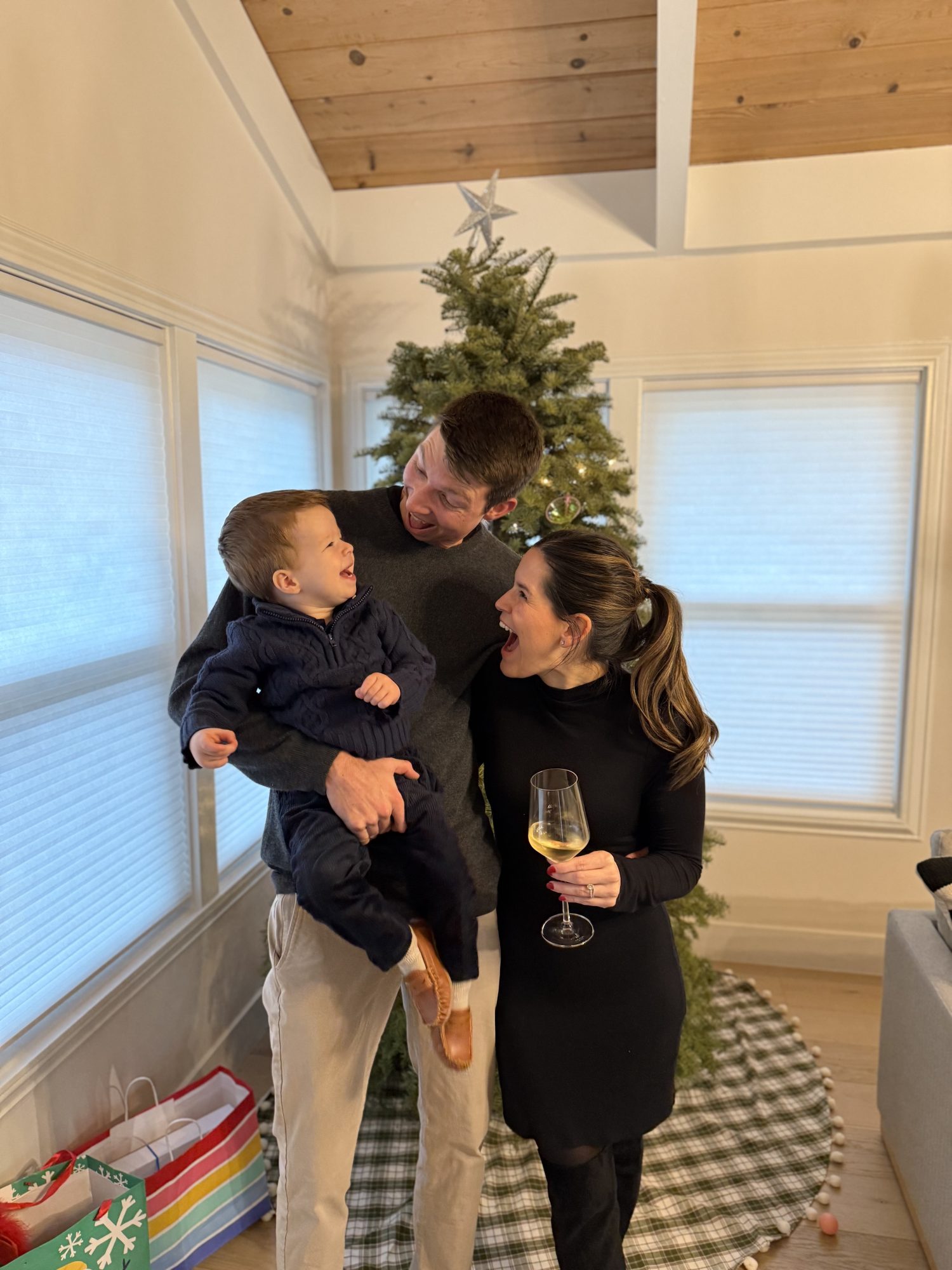 A man holds a smiling young boy while standing next to a woman holding a wine glass in front of a decorated Christmas tree with gifts underneath.
