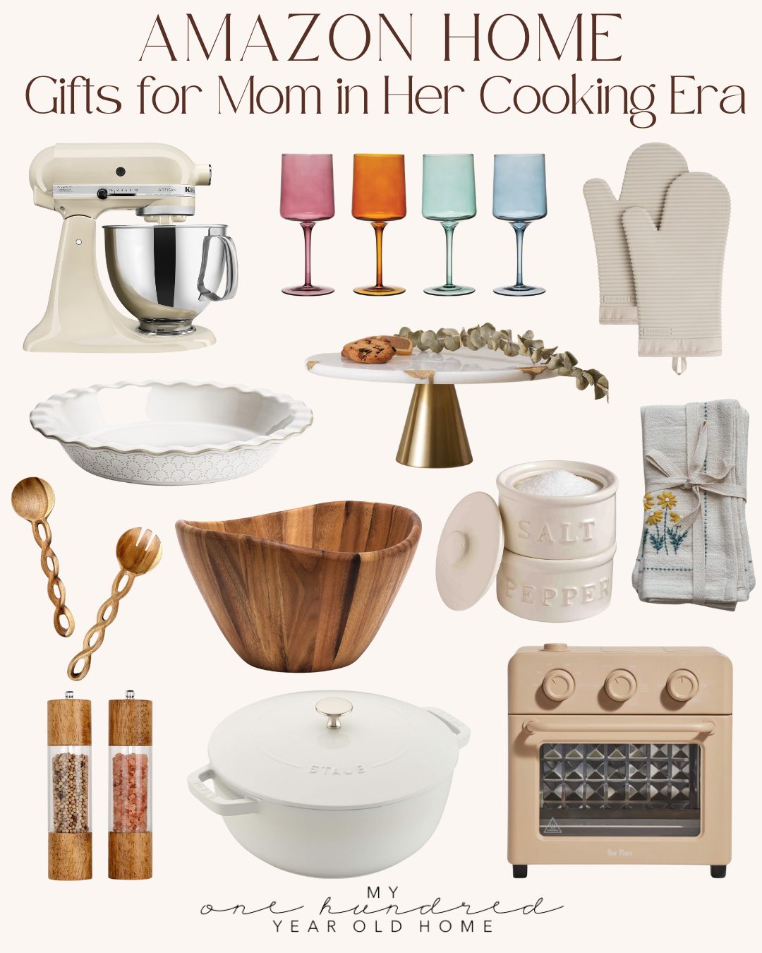 A collage of kitchen items perfect for a Brunch Buffet, featuring a stand mixer, colorful glasses, oven mitts, pie dish, cake stand, apron, utensils, salt and pepper set, toaster, wood bowl, and Dutch oven.