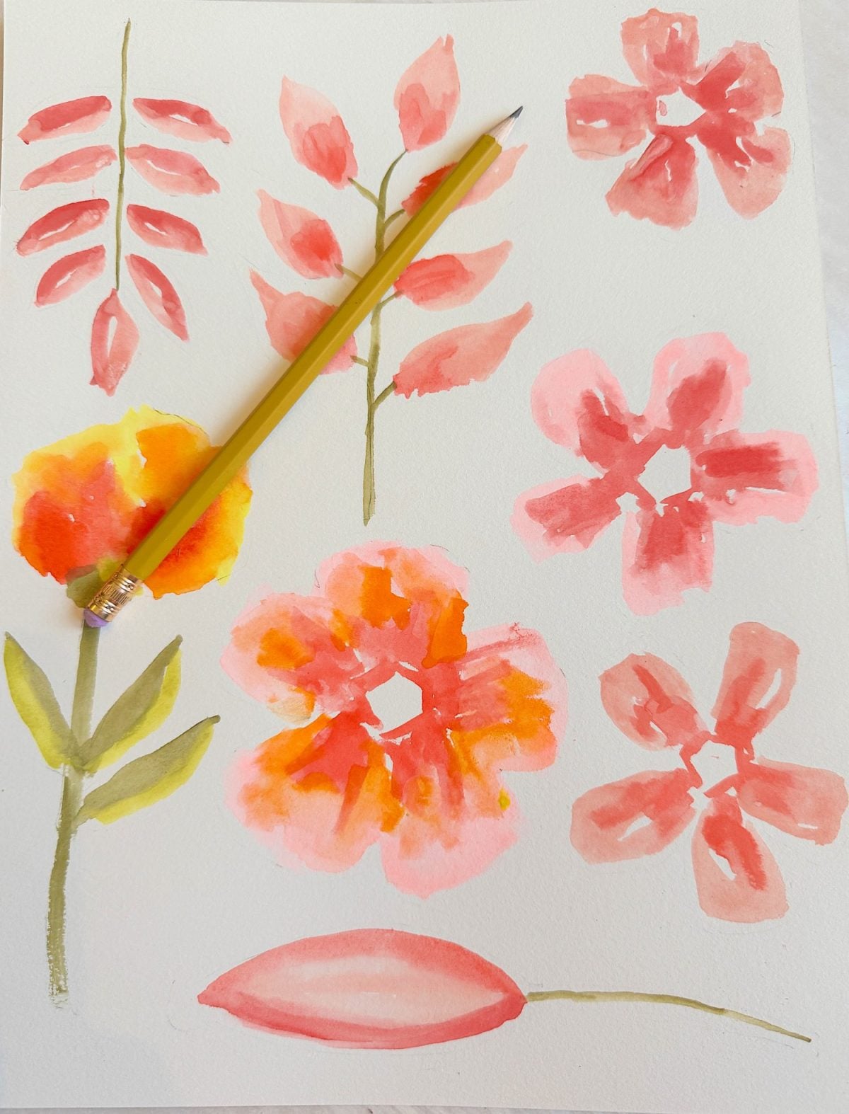 A yellow pencil lying on a sheet of paper with watercolor paintings of red and yellow flowers and green leaves.