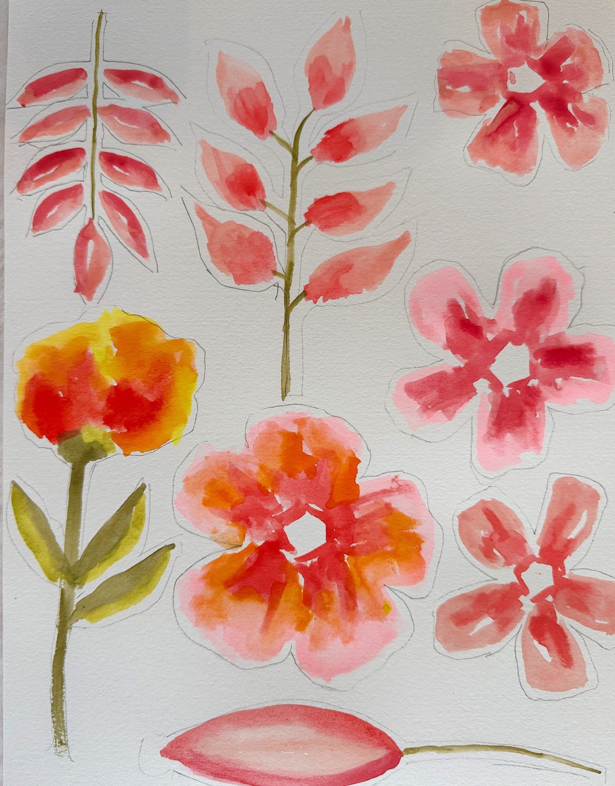 Watercolor painting of various abstract pink and yellow flowers and leaves on white paper.