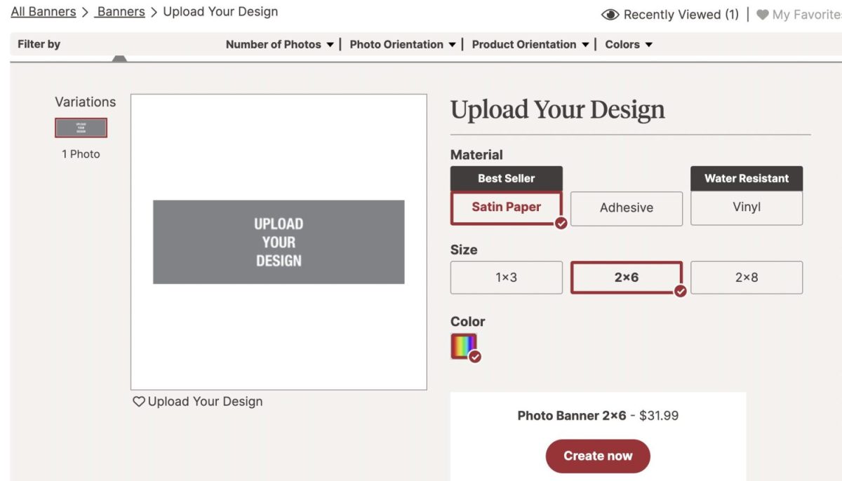 Screenshot of a website for customizing a photo banner. It offers options for material type, size, and color. A section says "Upload Your Design," and a button below reads "Create now.