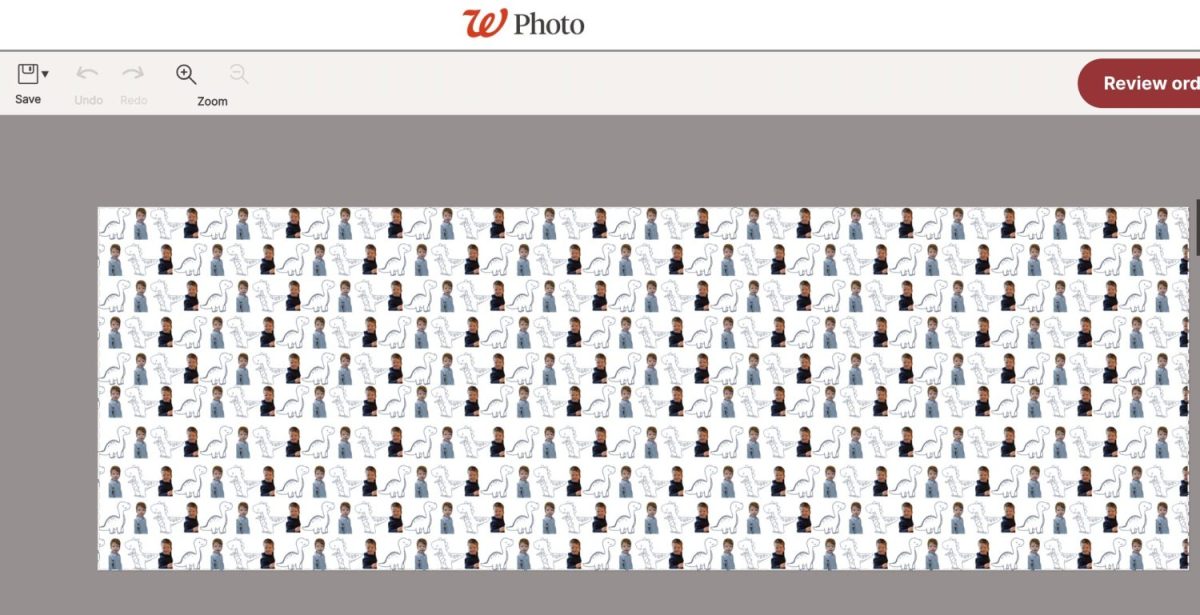 A computer screen shows a tiled pattern of identical passport photos, each featuring an individual in a white collared shirt.