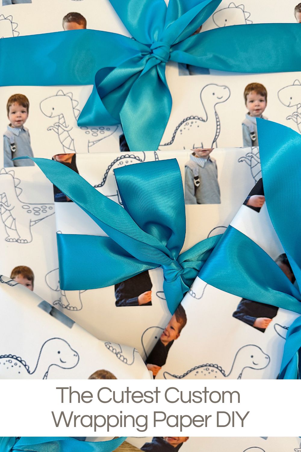 Wrapping paper with blue ribbons featuring a dinosaur pattern and a child's photo, accompanied by text: "The Cutest Custom Wrapping Paper DIY.