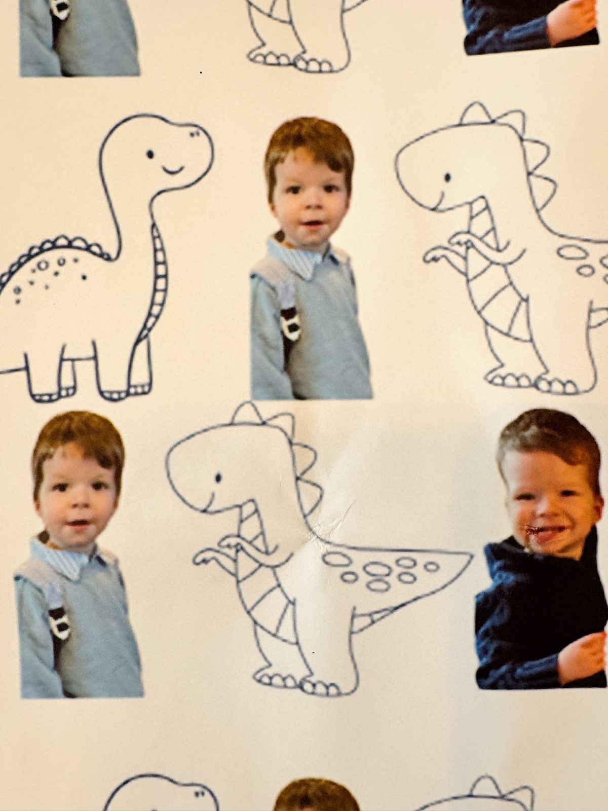 Photo collage with a young child in a blue outfit posing several times, interspersed with simple outline drawings of smiling dinosaurs.