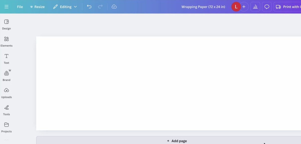 Screenshot of a design platform interface, displaying a blank white canvas in the center, tool options on the left, and a top menu bar with design controls and a print button.