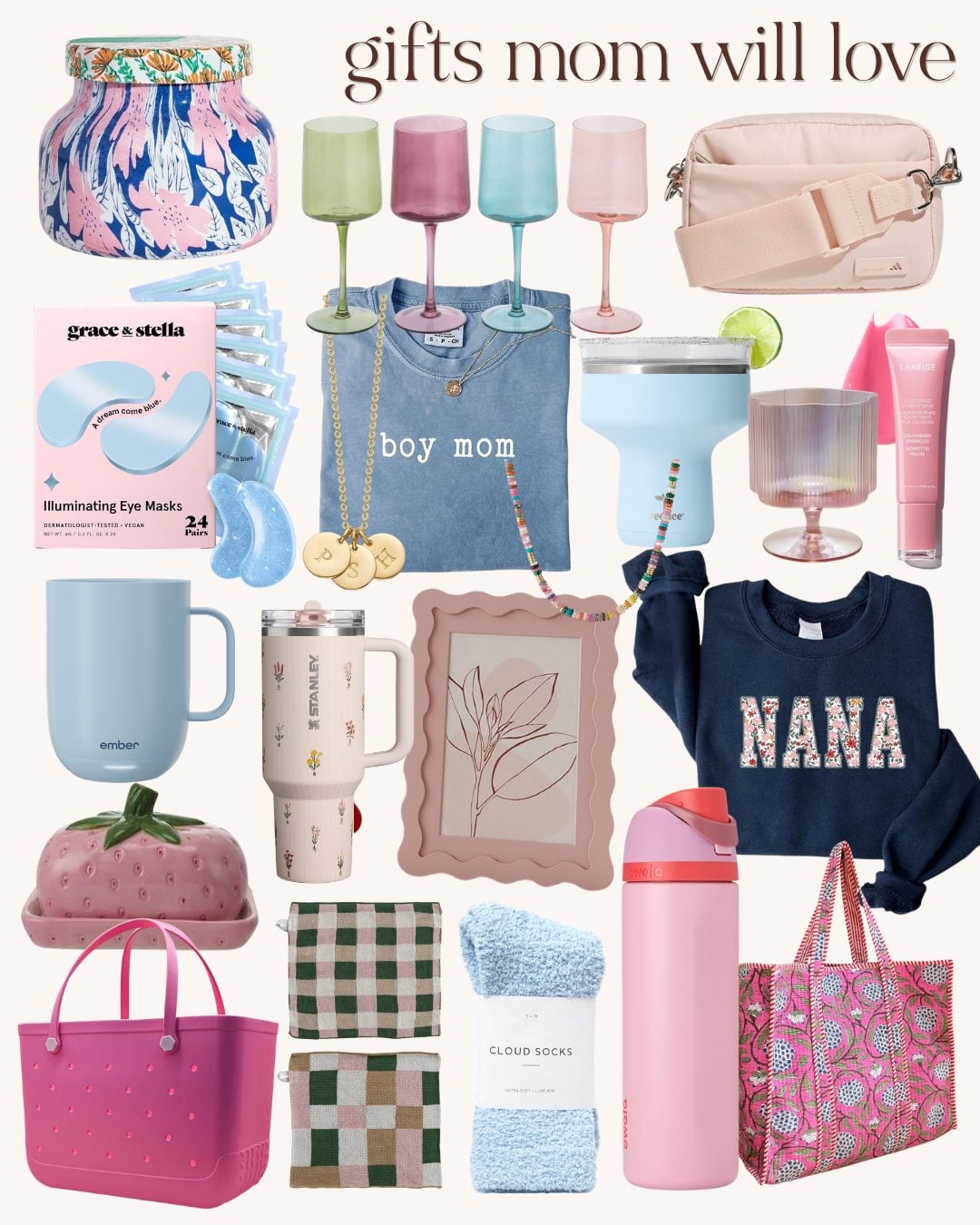 A collage of gift items for moms, including glassware, mugs, bags, a sweater, socks, skincare products, a candle, jewelry, a framed art print with "gifts mom will love" at the top—and even a sweet spring cake to brighten her day.