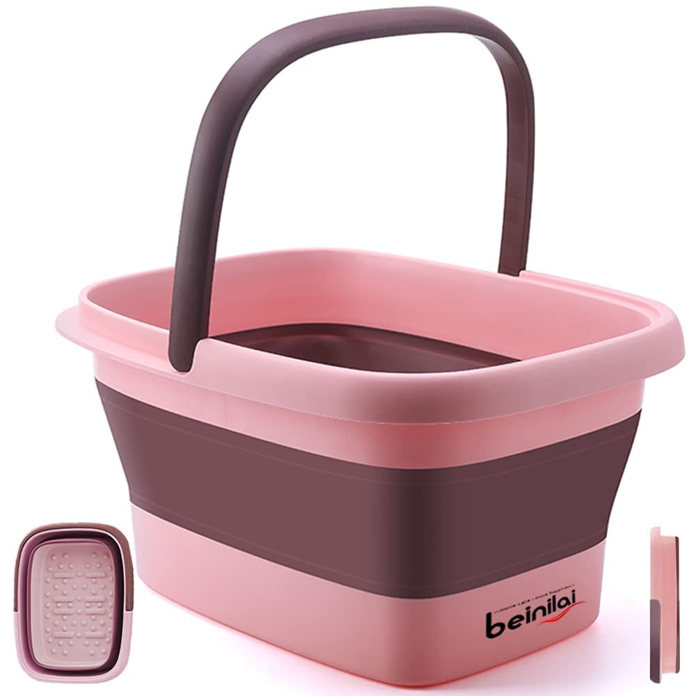 A collapsible pink and brown plastic bucket with a handle, perfect for your next staycation, shown expanded and folded, with the brand name "beiniiai" on the side.
