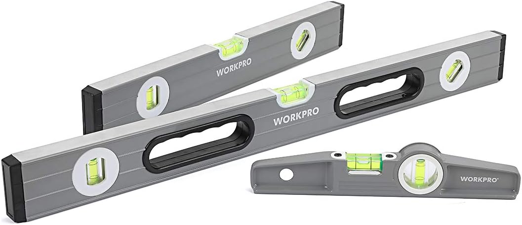 Three gray WORKPRO spirit levels of varying lengths, each featuring bubble vials and measurement markings—ideal tools for perfecting your next set of Garden Bed Ideas.