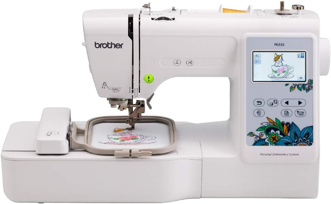 A Brother PE535 embroidery machine with a color touchscreen, shown stitching a multicolored floral and butterfly design on fabric in the embroidery hoop.