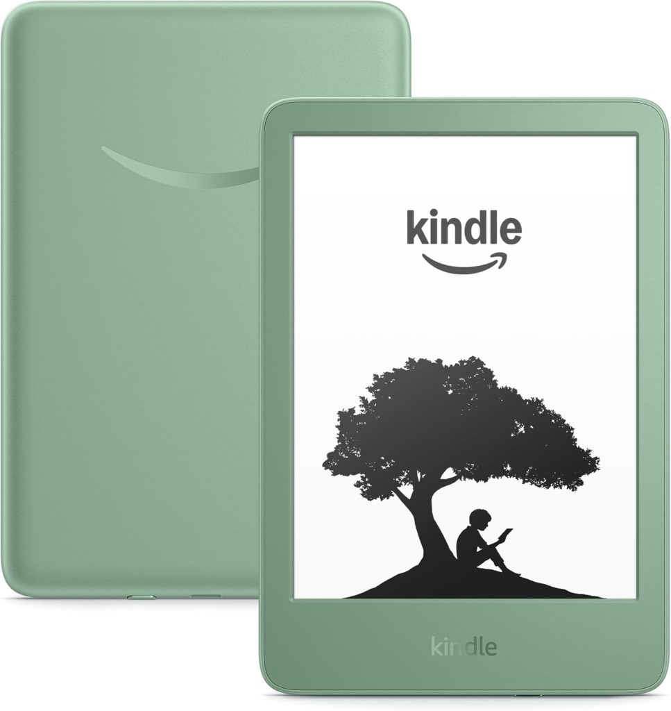 A sage green Amazon Kindle e-reader, shown from the front and back. The front display shows the Kindle logo and a silhouette of a person reading under a tree.