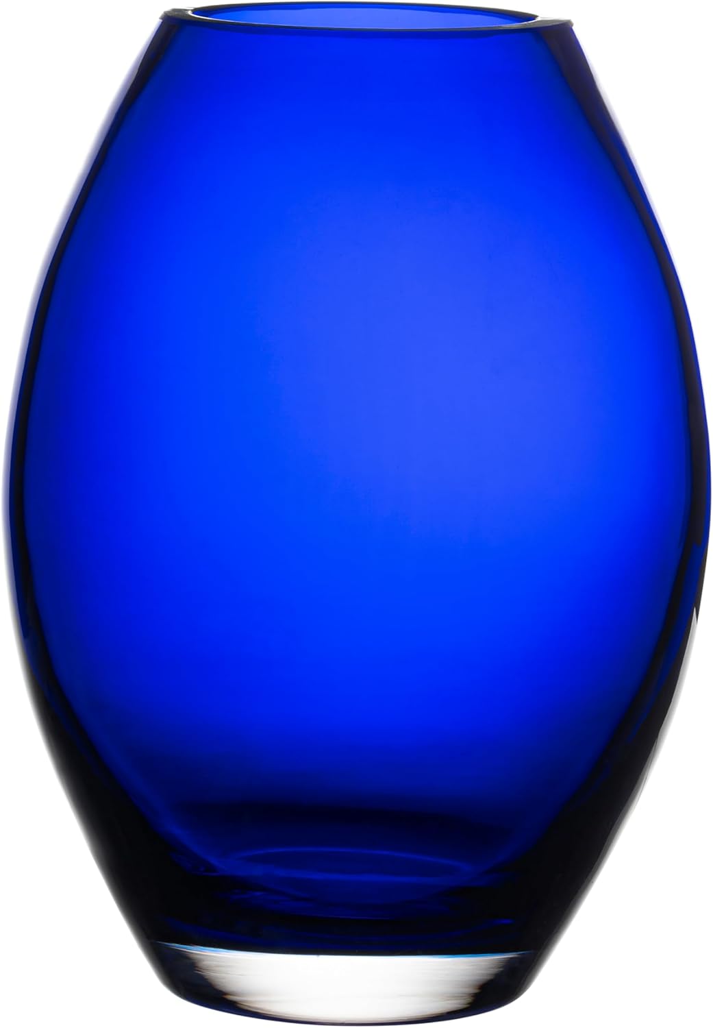 A clear blue glass vase with a rounded, slightly tapered shape and smooth surface, photographed on a white background—perfect for displaying Memorial Day blooms.