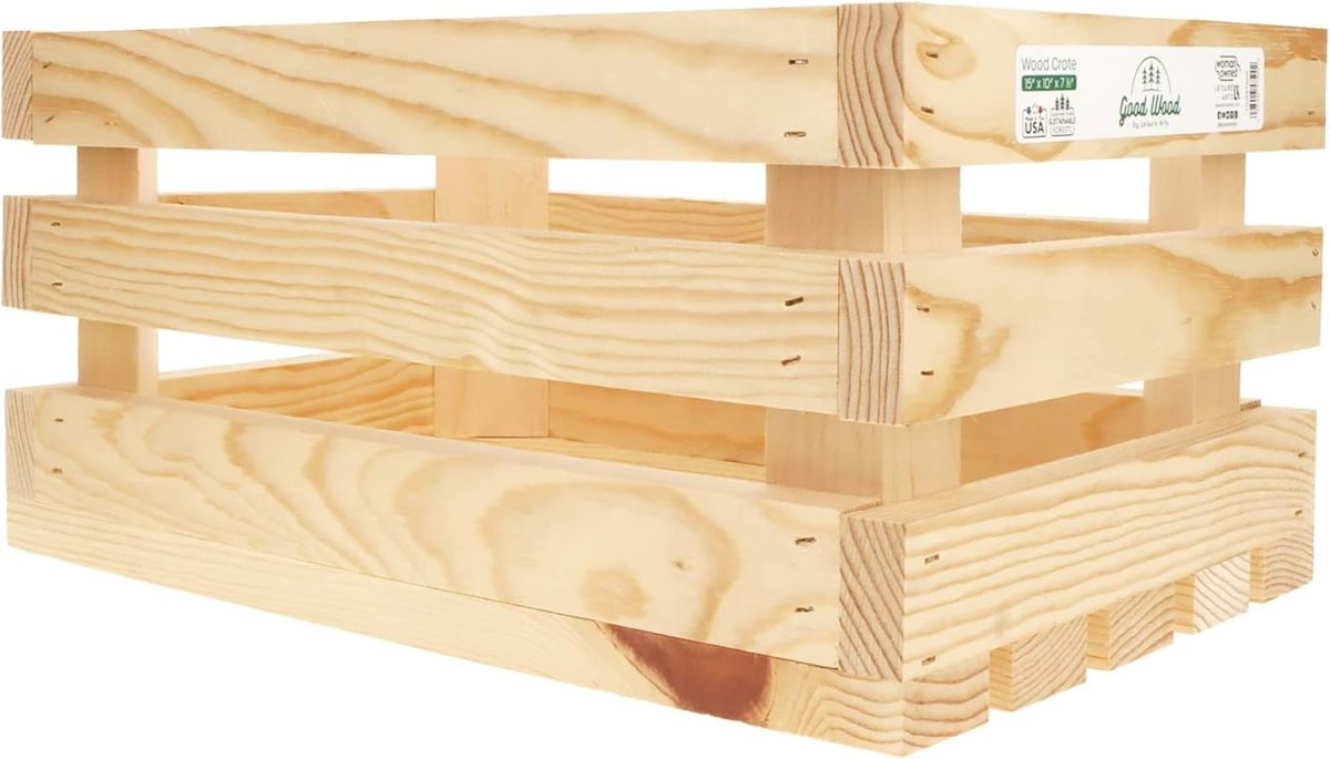 A light-colored wooden crate with slatted sides and a rectangular shape, featuring product labels on one end—perfect for festive Memorial Day displays.