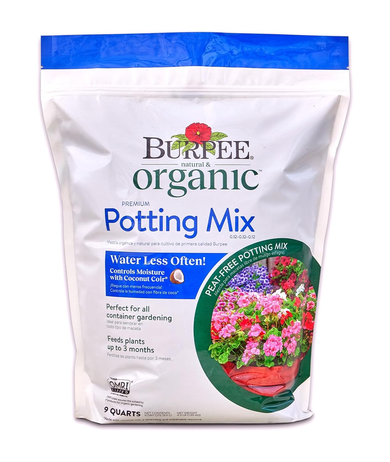 A 9-quart bag of Burpee Organic Premium Potting Mix with coconut coir, ideal for container gardening or filling a Raised Garden Bed, and labeled to feed plants for up to 3 months.