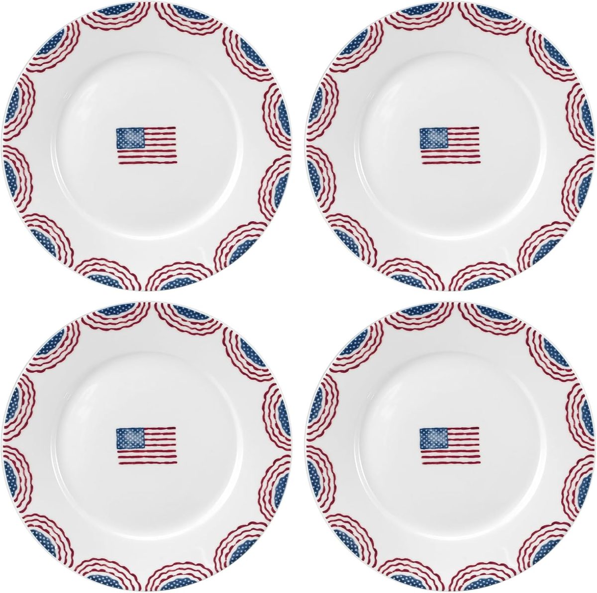 Four white plates with a small American flag in the center and a red and blue patterned border, arranged in a square layout—perfect for adding patriotic flair to your Memorial Day celebration.
