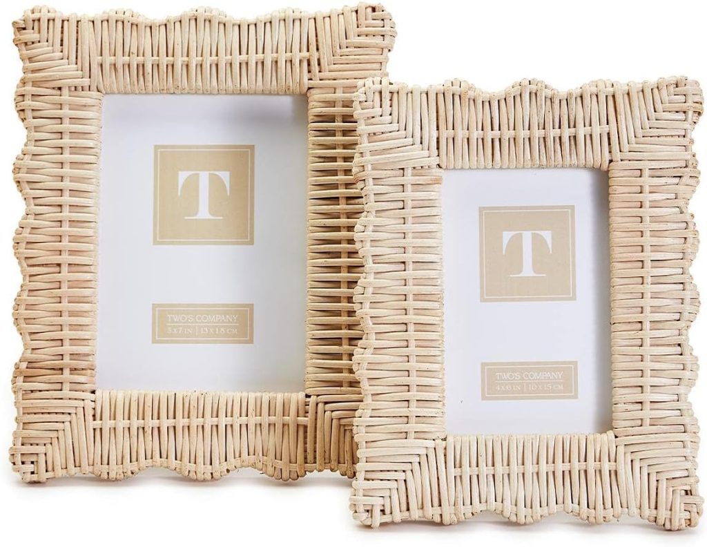 Two rectangular wicker photo frames with scalloped edges, reminiscent of the texture found on lumbar pillows, each displaying a placeholder image with a letter "T" inside. Frames are positioned slightly overlapping each other.