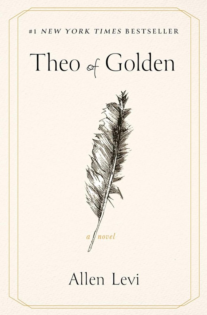 Book cover of "Theo of Golden" by Allen Levi, perfect for your next staycation, featuring a detailed illustration of a single feather in the center on a cream background.