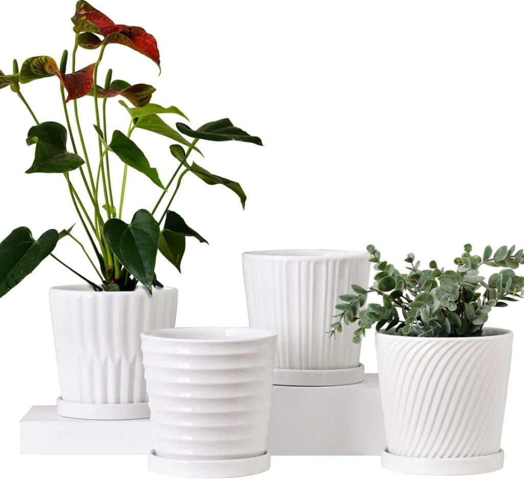 Four white ceramic plant pots with different textures, two containing green plants, displayed on a white surface against a white background&mdash;perfect inspiration for arranging summer wedding flowers.