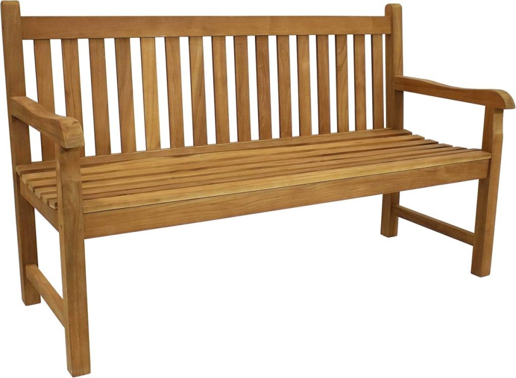 Wooden bench with a slatted backrest and seat, featuring armrests on both sides. The bench appears sturdy, ideal for outdoor or garden use, and pairs perfectly with outdoor cushions for added comfort.