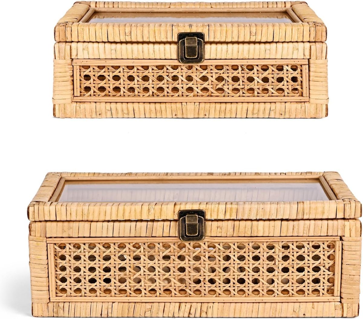 Two rectangular wicker boxes with glass lids and woven cane sides, featuring metal latch closures on the front&mdash;perfect for storing lumbar pillows. The boxes are shown from slightly different angles.