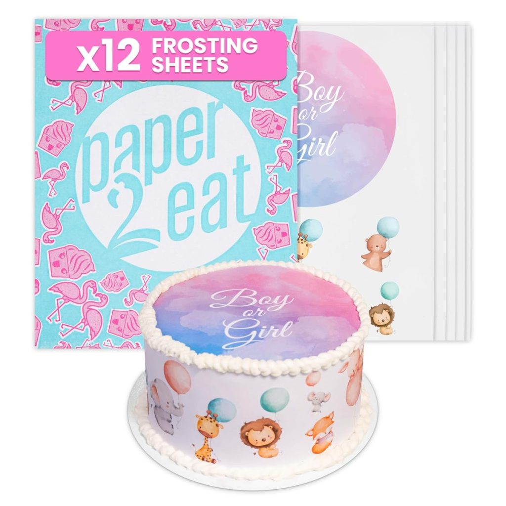 A pack of 12 Paper2Eat Edible Paper frosting sheets with a decorated cake featuring pastel "Boy or Girl" text and animal illustrations, perfect for gender reveal parties.