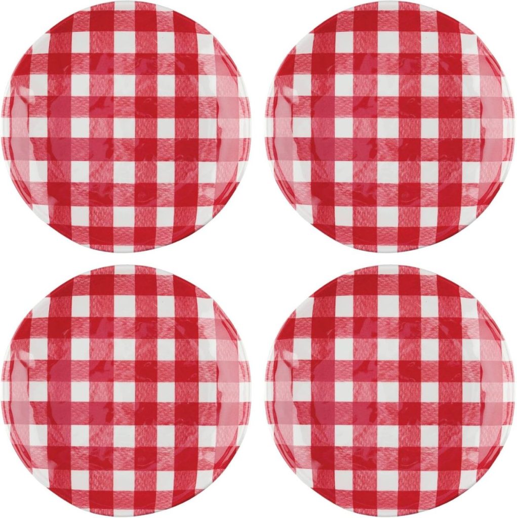 Four round plates with a red and white checkered pattern are arranged in a 2x2 grid on a white background, perfect for adding a festive touch to your Memorial Day celebration.