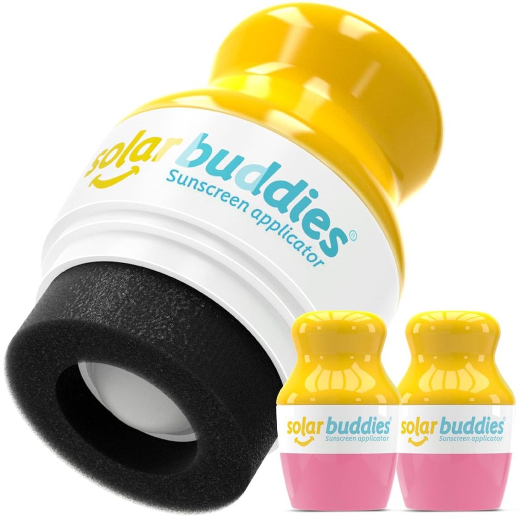 Solar Buddies sunscreen applicator with a yellow cap and two refill containers, perfect for easy sunscreen application at your next pool party.