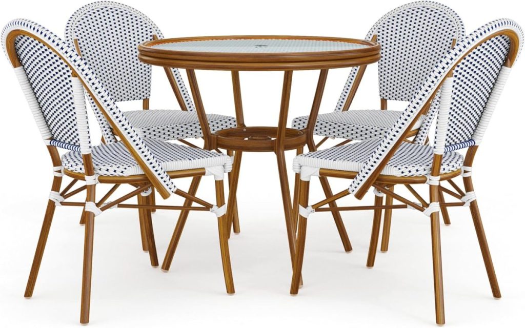 Perfect for a pool party, this round glass-top table with a brown frame is surrounded by four matching chairs featuring white and blue woven seats and backs.