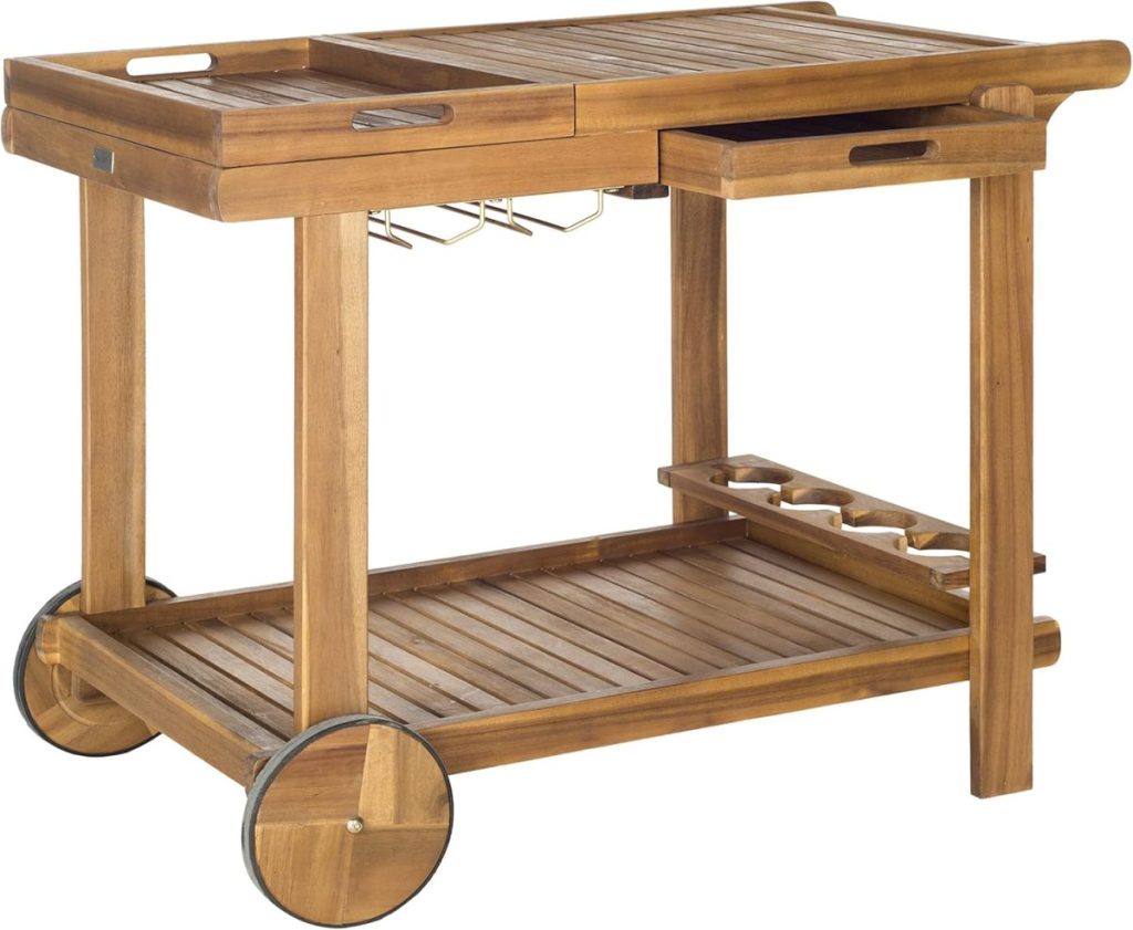 Enhance your staycation with this wooden serving cart featuring two wheels, a handle, a pull-out drawer, wine glass holders, and a lower shelf for wine bottle storage.