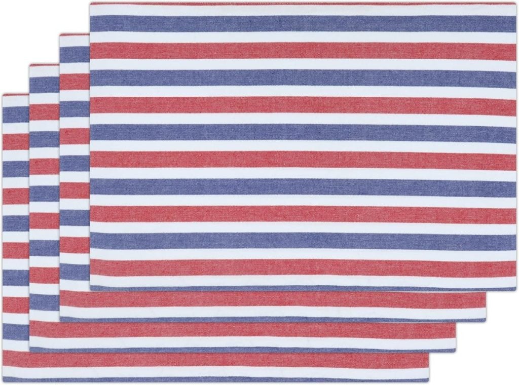 Four rectangular placemats with horizontal red, white, and blue stripes are stacked slightly offset, making them a perfect touch for your Memorial Day table setting.