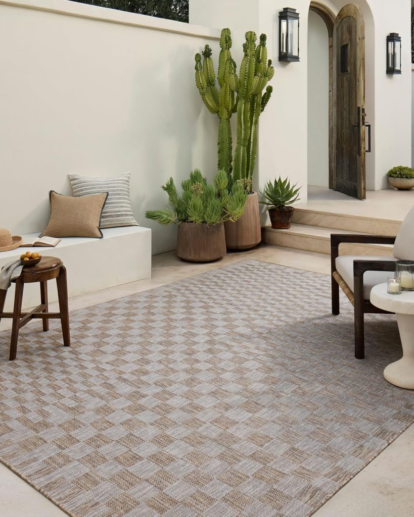 Outdoor patio with a checkered rug, cushioned seating, wooden stool, potted cacti and succulents, and a curved wooden door in a white stucco wall—perfect for summer decorating ideas.