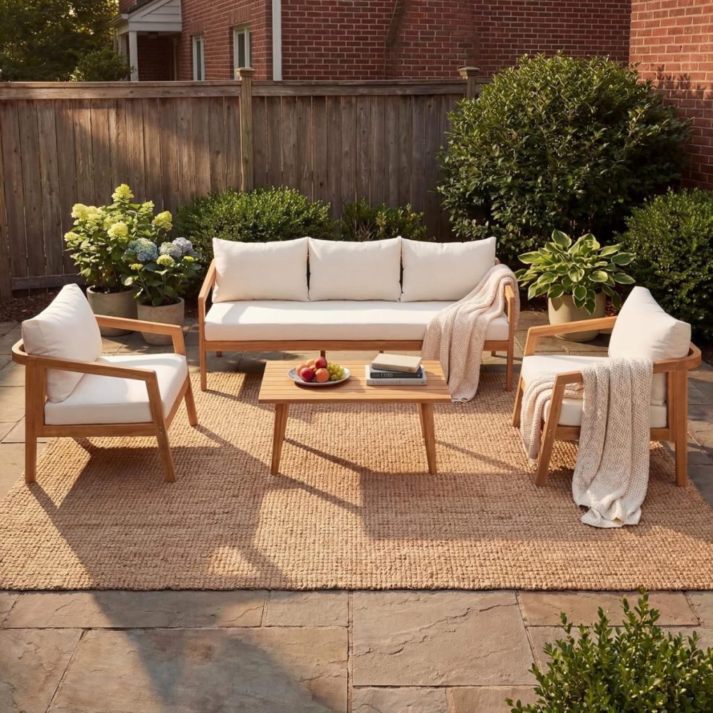 Outdoor patio set with a sofa, two armchairs, and a coffee table on a woven rug; all have white cushions. Perfect for a pool party, the area is accented with a blanket, fruit bowl, and lush plants for a relaxed vibe.