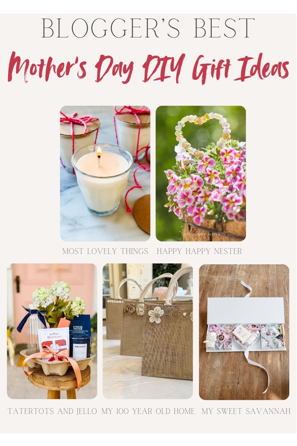 Collage of five DIY Mother&rsquo;s Day gift ideas, including a candle, beaded heart decoration, flower arrangement, cute tote bags decorated by hand, and a wrapped envelope with ribbon.