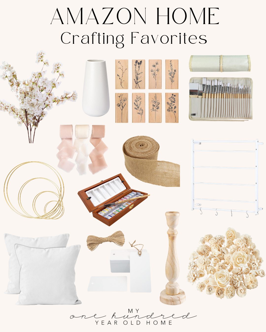 A collage of crafting supplies including faux flowers, stamps, brushes, ribbons, wire hoops, paints, twine, pillows, a sewing machine, a candlestick, and a pack of artificial roses.