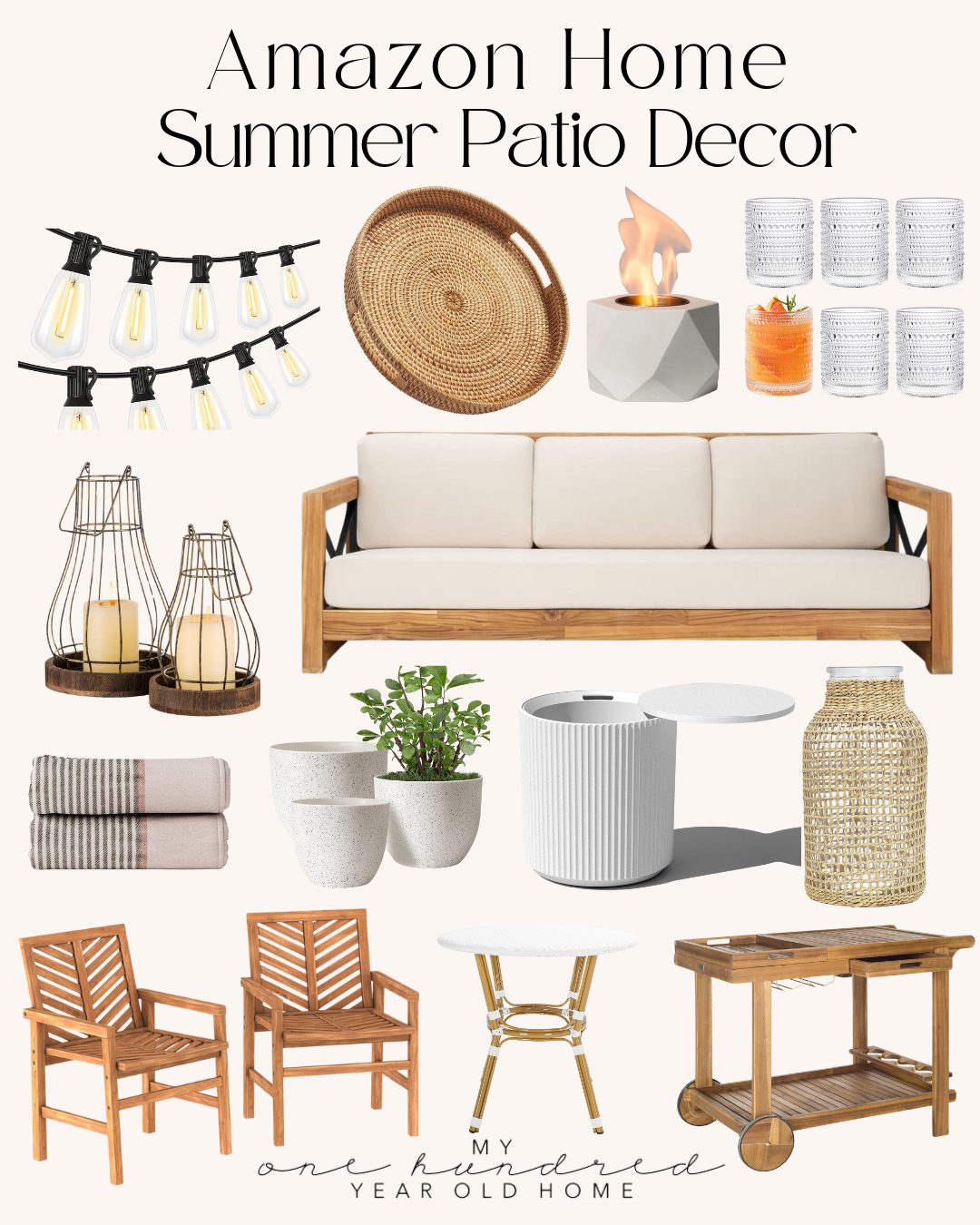 Collage of Amazon home summer patio decor items, including string lights, candles, seating, throw pillows, lanterns, planters, side table, woven basket, and rolling bar cart—perfect for adding farmhouse kitchen charm outdoors.