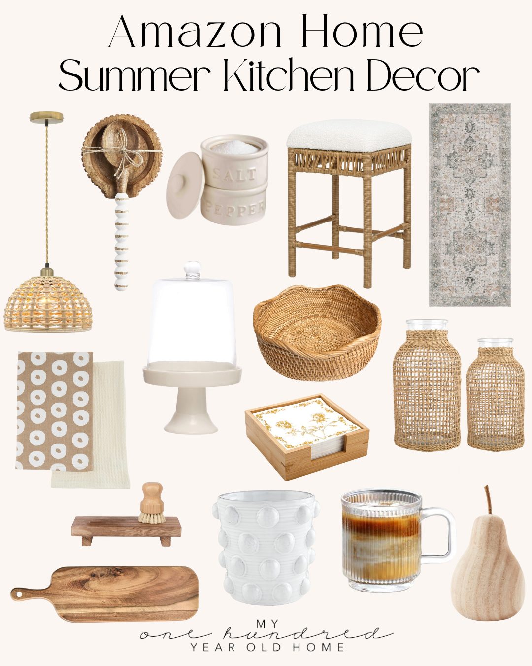 A collage of summer-themed kitchen decor items including baskets, jars, mugs, a stool, a lamp, a salt and pepper set, kitchen towels, and wood accents on a beige background.