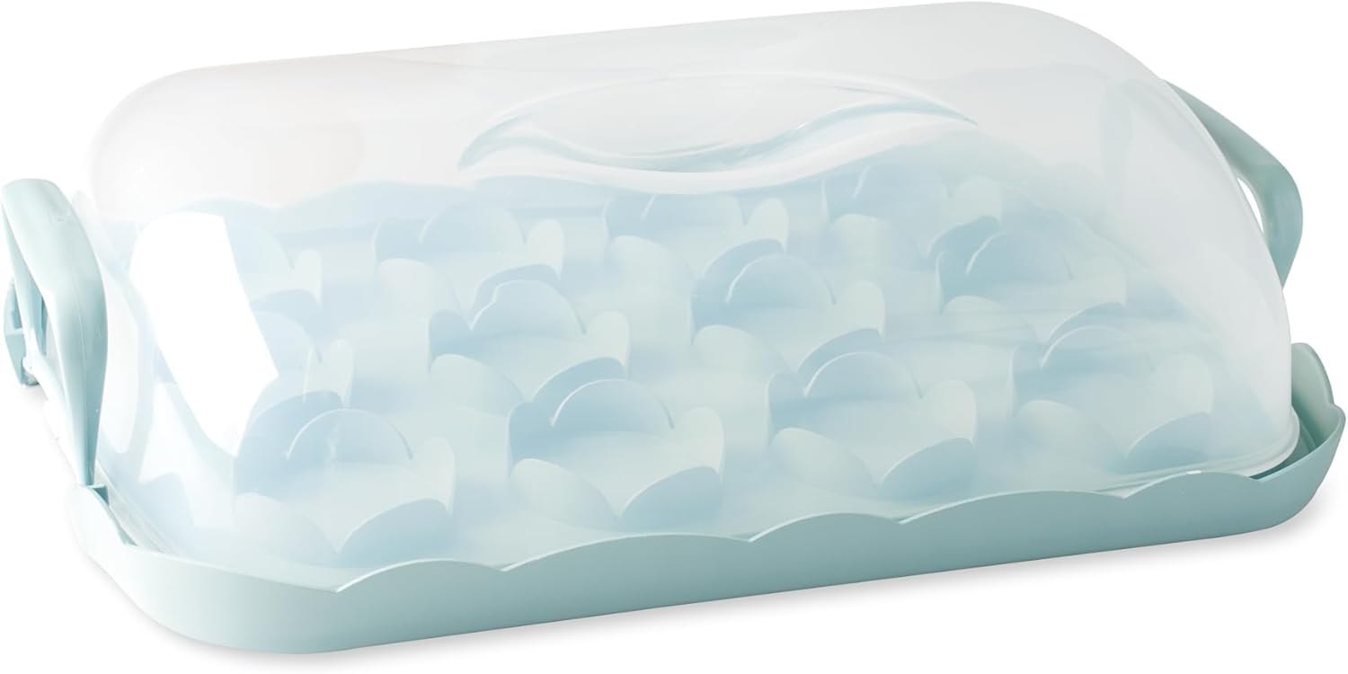 A light blue plastic cupcake carrier with a transparent lid, featuring a handle on top and slots inside for holding cupcakes securely, adorned with a charming berry wreath design.