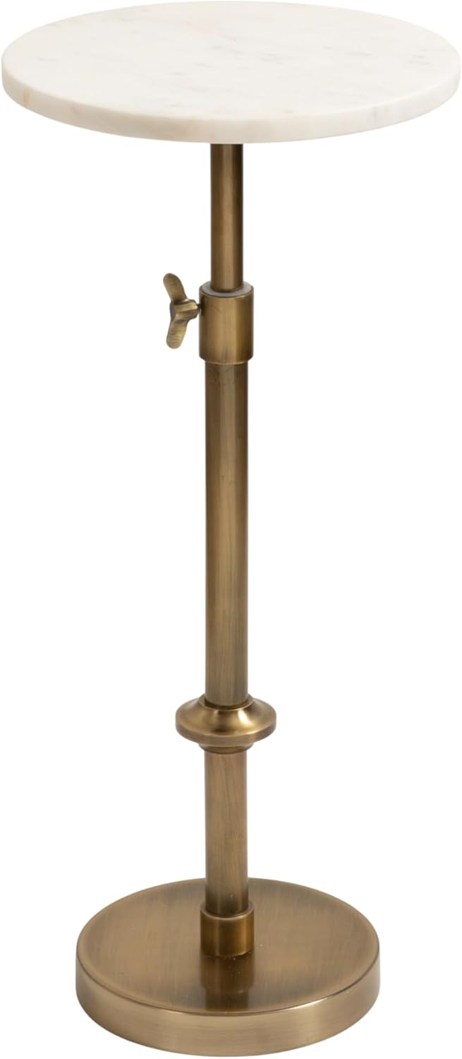 A small round side table with a white marble top and an adjustable brass metal base—perfect for interior designers seeking elegant, versatile accent pieces.