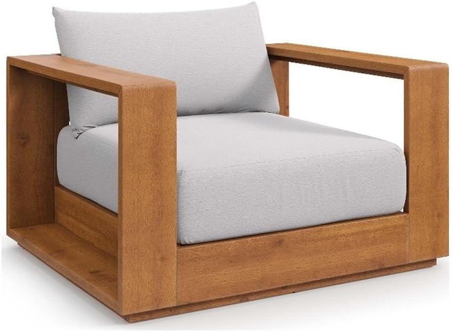 A modern wooden armchair with a boxy frame and light gray seat and back cushions, perfect for interior designers seeking stylish yet comfortable seating solutions.