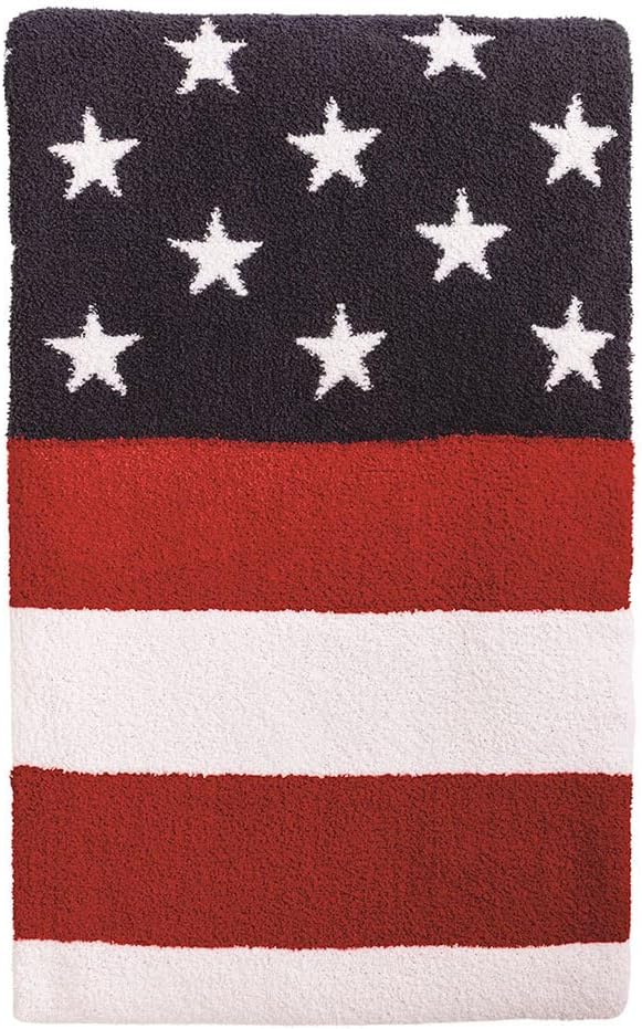 Rectangular rug with a design resembling the American flag, featuring white stars on a blue field and red and white stripes&mdash;perfect for adding patriotic decorations to your home.