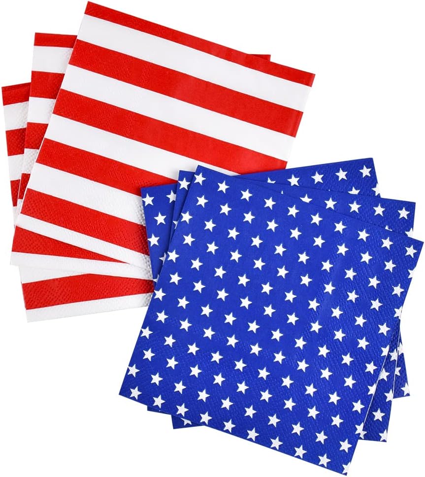 Two stacks of napkins—one with red and white stripes, the other with white stars on a blue background—resemble the American flag, perfect for pairing with air dry clay crafts at your patriotic celebration.