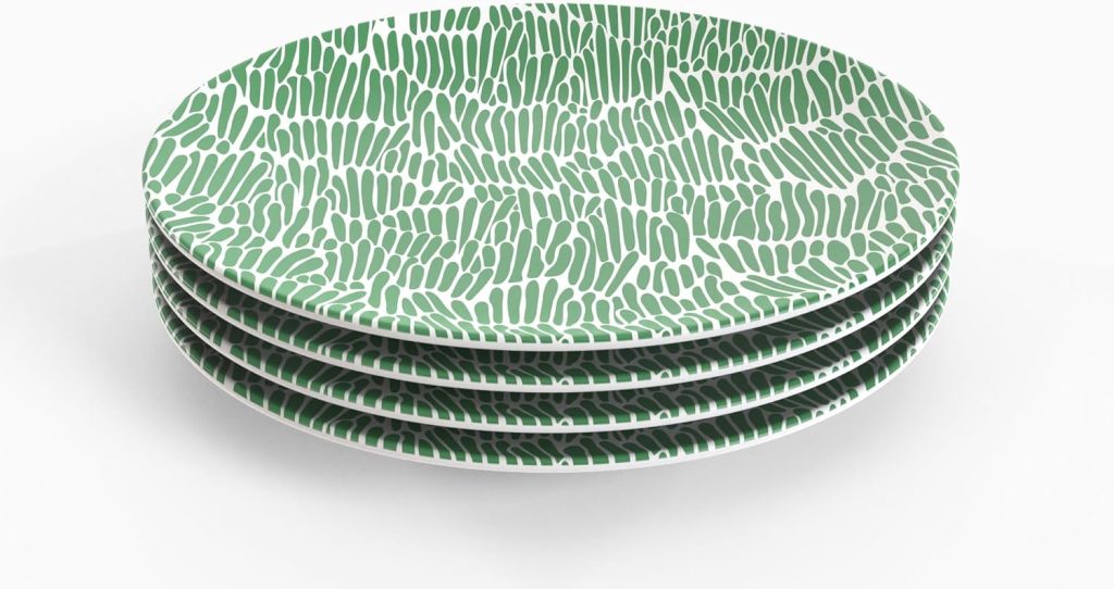 A stack of five round plates featuring a green and white abstract pattern, perfect for your next dinner party.