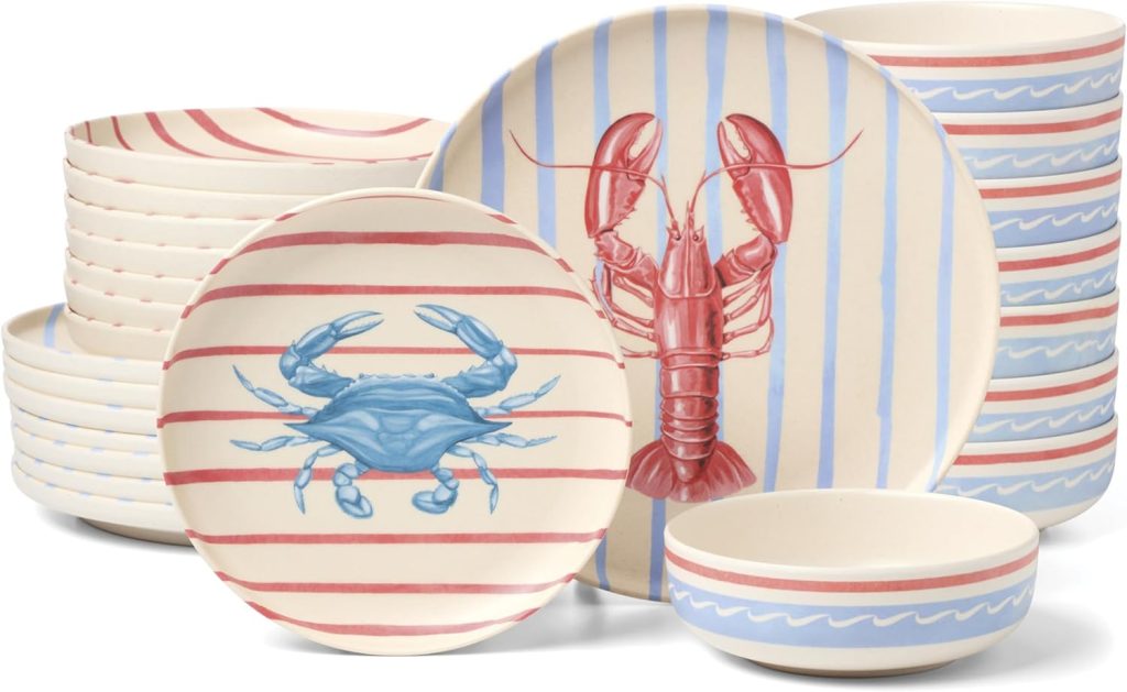A set of ceramic dishes featuring blue and red nautical stripes, with plates displaying painted images of a blue crab and a red lobster&mdash;perfect as patriotic decorations for your summer gatherings.