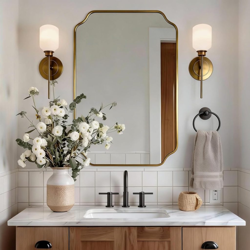 Bathroom vanity with a large framed mirror, two wall-mounted sconces, and a vase of white flowers creates a Nancy Meyers-inspired space. A hand towel and wicker container rest elegantly on the crisp white countertop.
