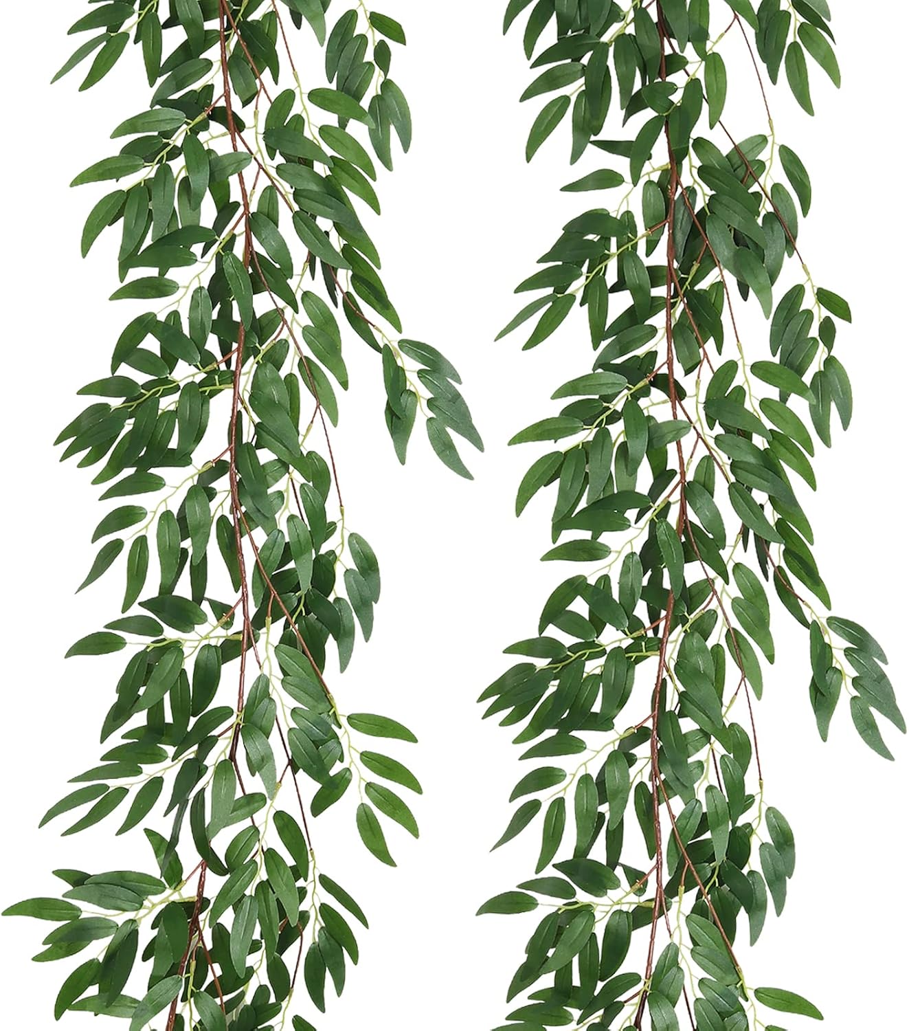 Two long artificial green leaf garlands hang vertically against a white background, perfect for adding a touch of nature-inspired elegance to your backyard dinner party.