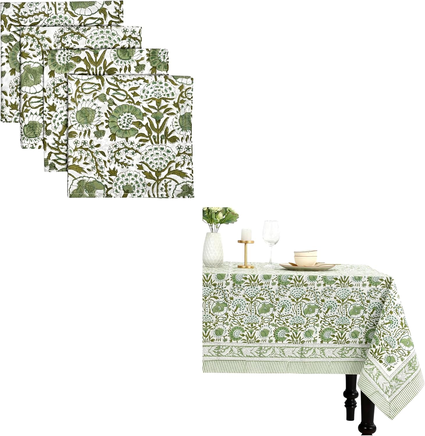 A set of four green and white floral-patterned napkins displayed above a matching rectangular tablecloth on a small table set for two—perfect for adding elegance to your next intimate dinner party.