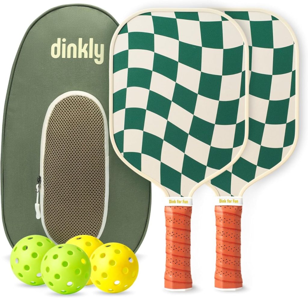 Two green and white checkered pickleball paddles, three yellow pickleballs, and an olive green carrying case with a mesh pocket and "dinkly" printed on it&mdash;an ideal Amazon Father&rsquo;s Day gift for active dads.