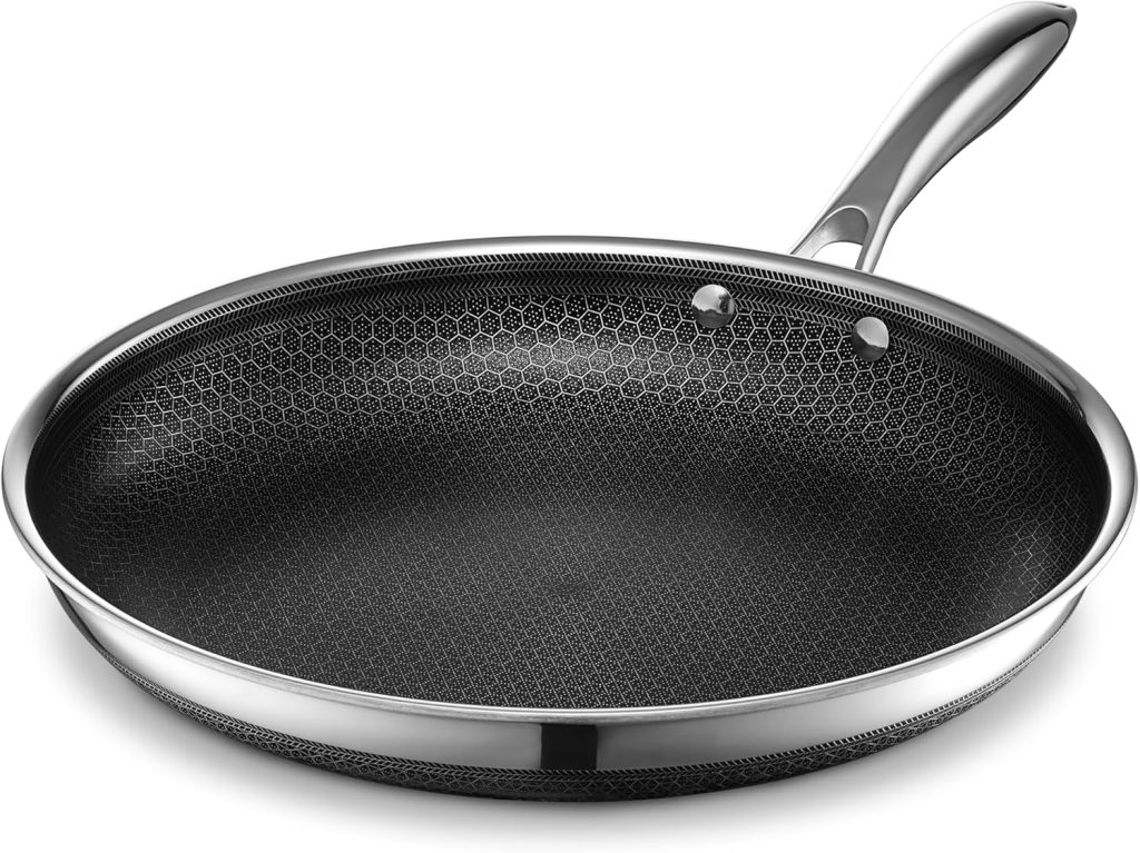 Stainless steel frying pan with a honeycomb-patterned nonstick surface and a riveted handle, perfect for preparing meals at your next dinner party, shown on a plain white background.