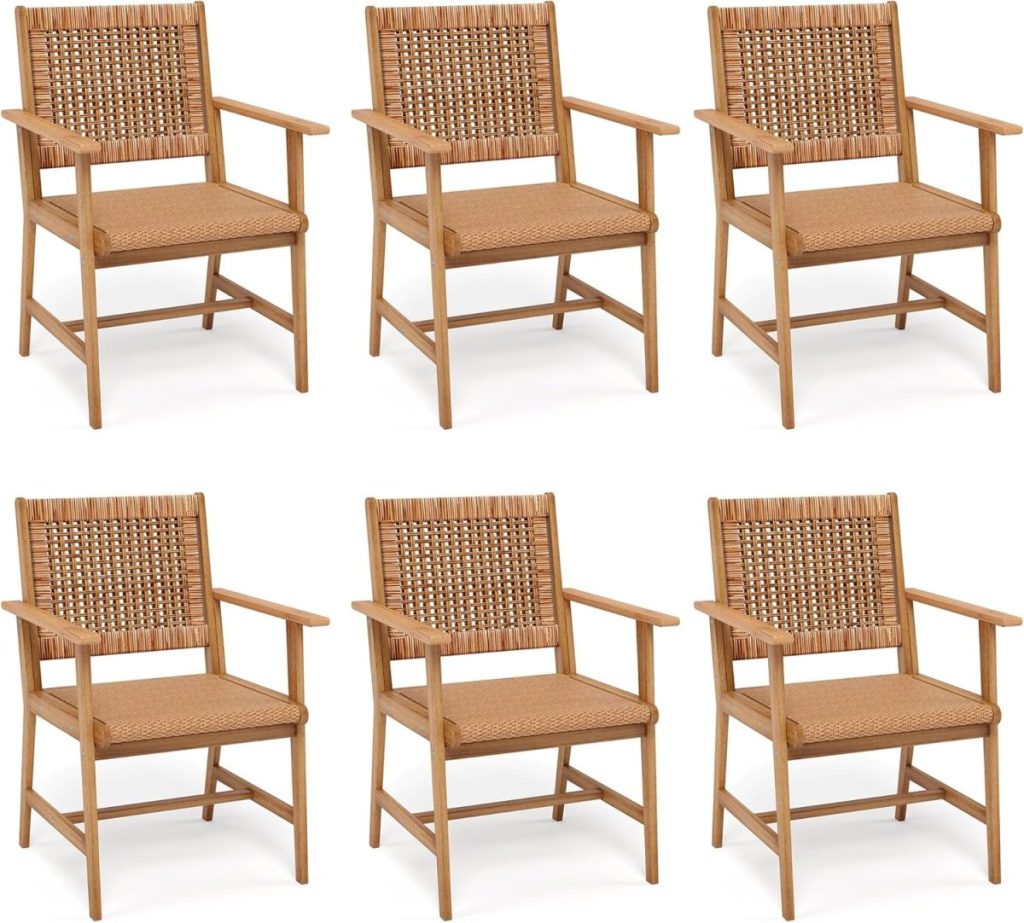 Six wooden dining chairs with woven rattan seats and backs, arranged in two rows of three against a plain white background—perfect for your next backyard dinner party.